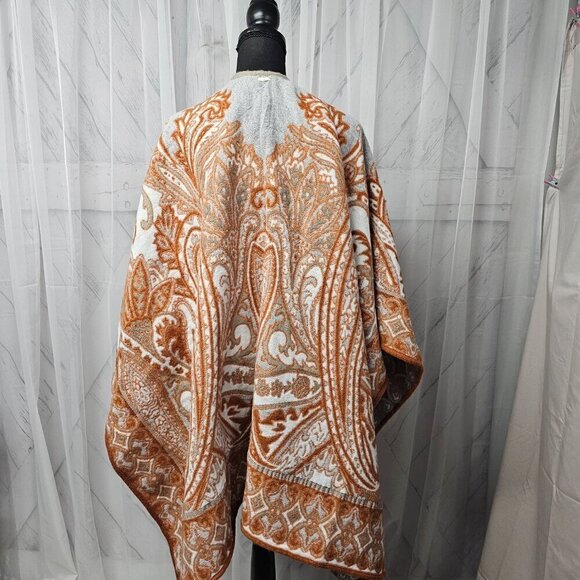 Unbranded Taupe Orange Reversible Paisley Boho Blanket Cape OSFA - Picture 11 of 14